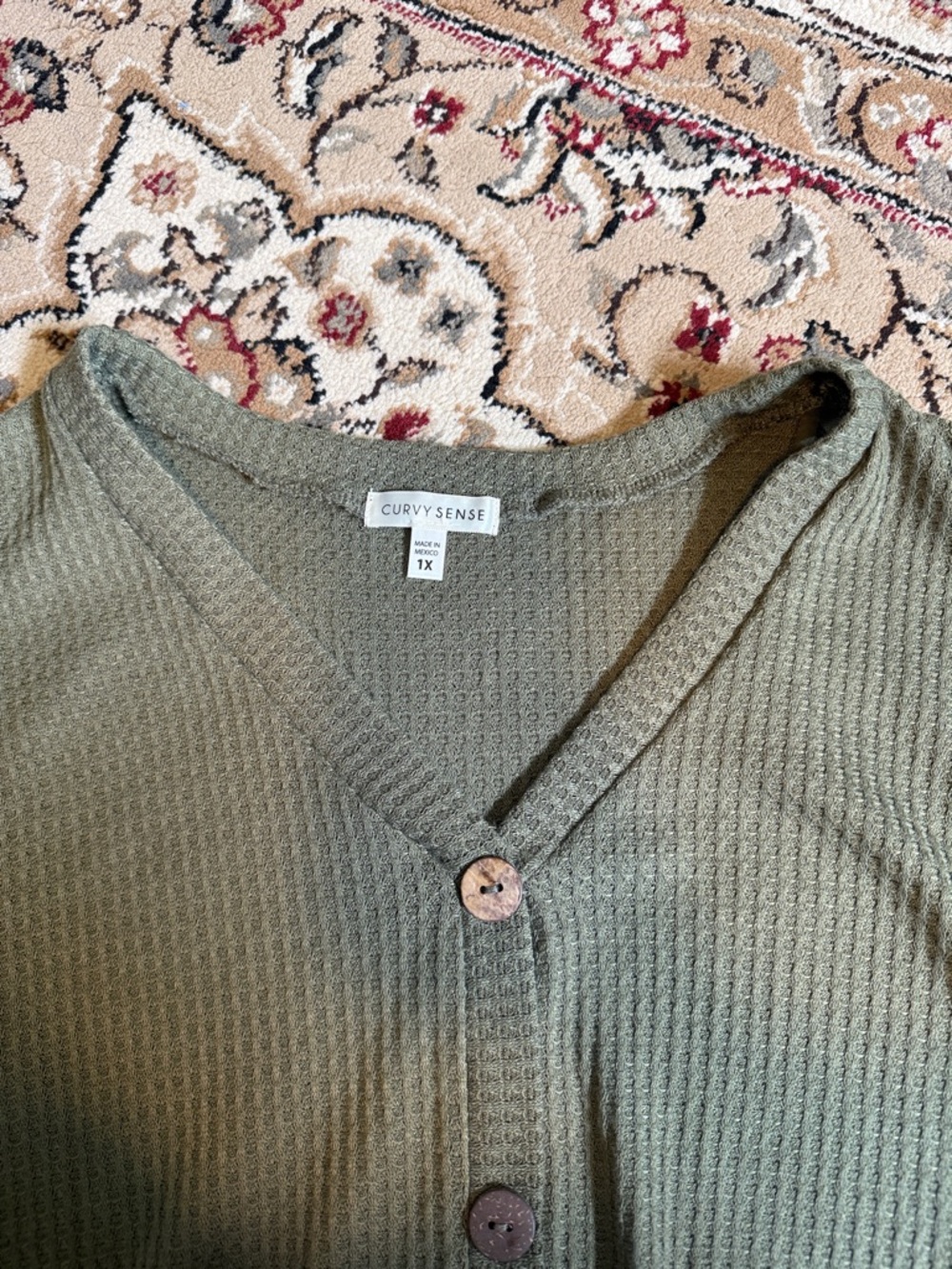 Waffle Knit Button-Front Tie-Hem Shirt - Olive Green - Picture 2 of 5